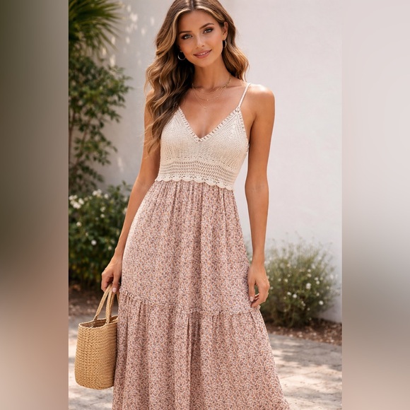 Zara Dresses & Skirts - Euro Sumer Zara Cream Crochet Bodice Pink Floral Maxi Dress size m